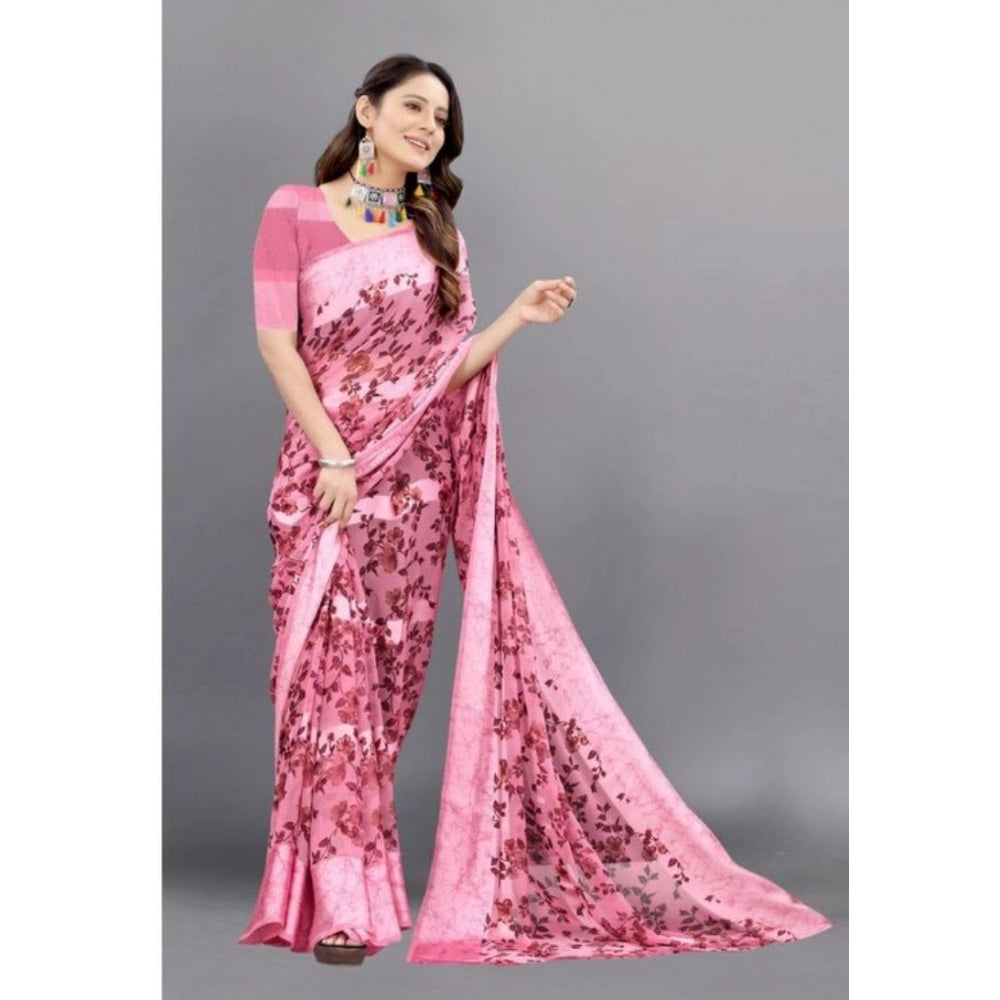 Amfyn Women's Sattin Patta Printed Saree With Unstitched Blouse (Pink, 5-5 Mtrs)