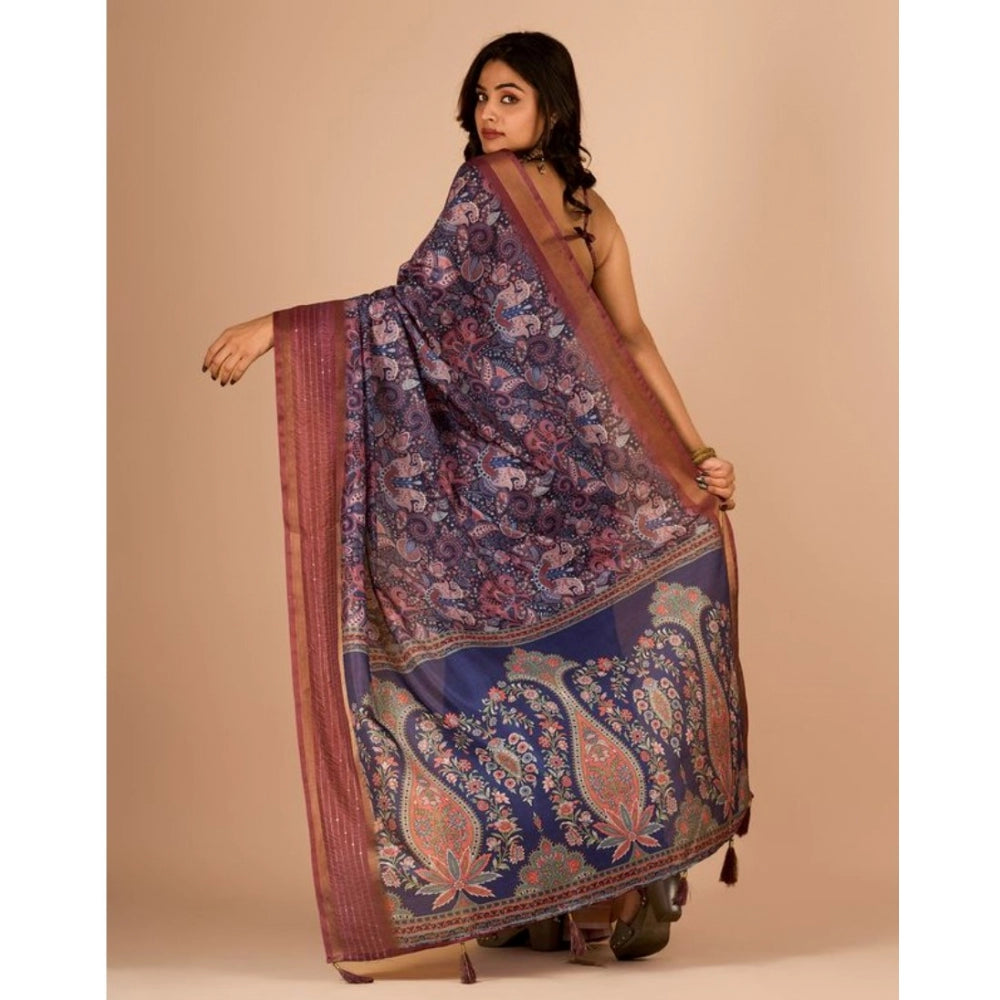 Amfyn Women's Digital Printed Saree With Unstitched Blouse (Navy, 5-5 Mtrs)