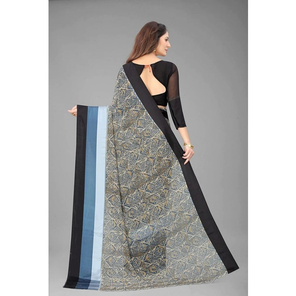 Amfyn Women's Sattin Patta Printed Saree With Unstitched Blouse (Black, 5-5 Mtrs)