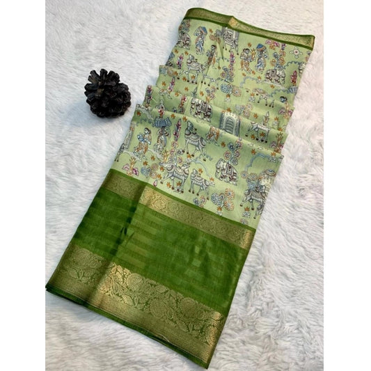 Amfyn Women's Dola Silk Printed Saree With Unstitched Blouse (Pista, 5-5 Mtrs)