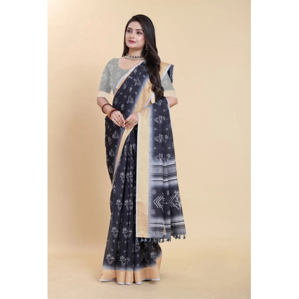 Amfyn Women's Linen Printed Saree With Unstitched Blouse (Black, 5-5 Mtrs)