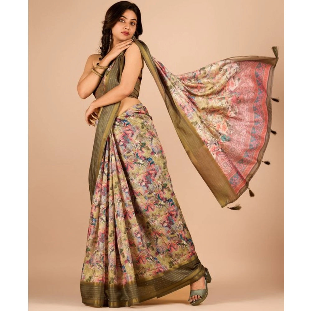 Amfyn Women's Digital Printed Saree With Unstitched Blouse (Mehendi, 5-5 Mtrs)