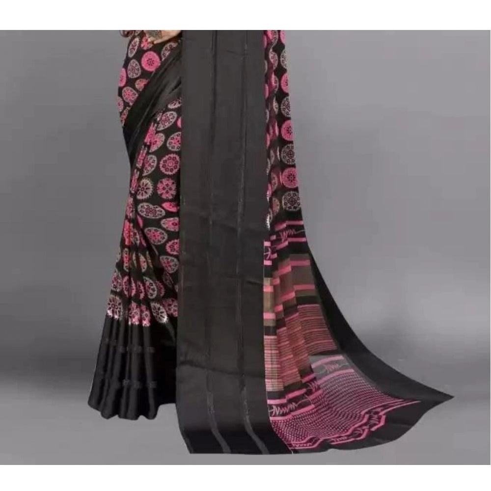 Amfyn Women's Sattin Patta Printed Saree With Unstitched Blouse (Black, 5-5 Mtrs)