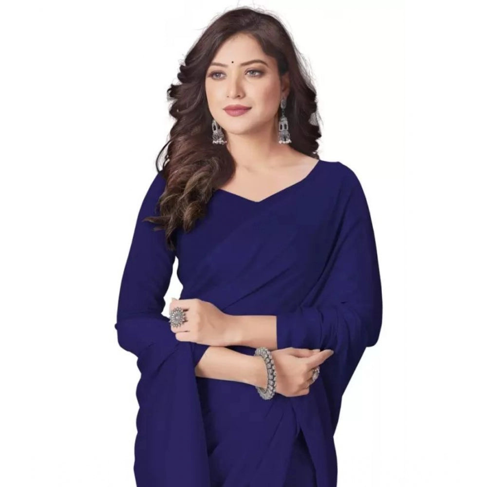 Amfyn Women's Georgette Solid Saree With Unstitched Blouse (Navyblue, 5-5 Mtrs)