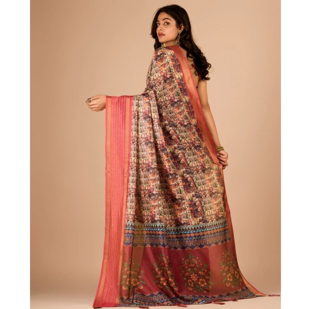 Amfyn Women's Digital Printed Saree With Unstitched Blouse (Peach, 5-5 Mtrs)
