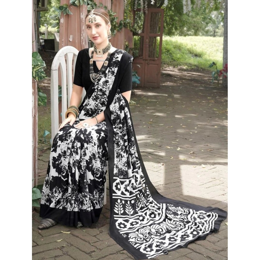 Amfyn Women's Georgette Printed Saree With Unstitched Blouse (Black, 5-5 Mtrs)
