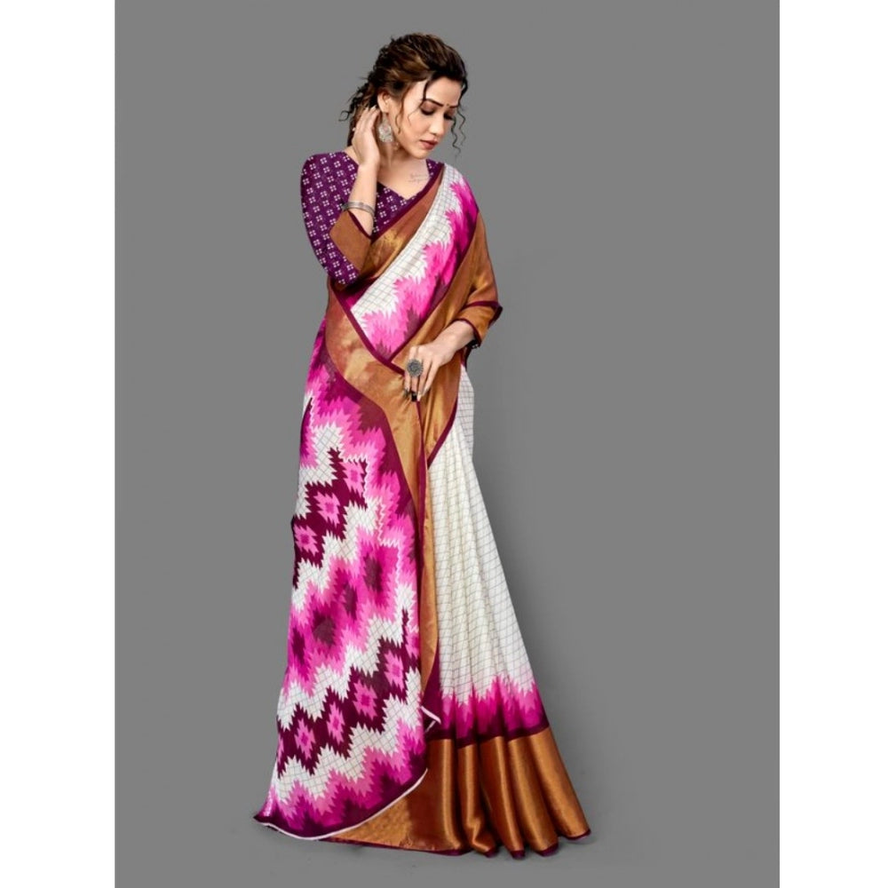 Amfyn Women's Chiffon Printed Saree With Unstitched Blouse (Purple, 5-5 Mtrs)