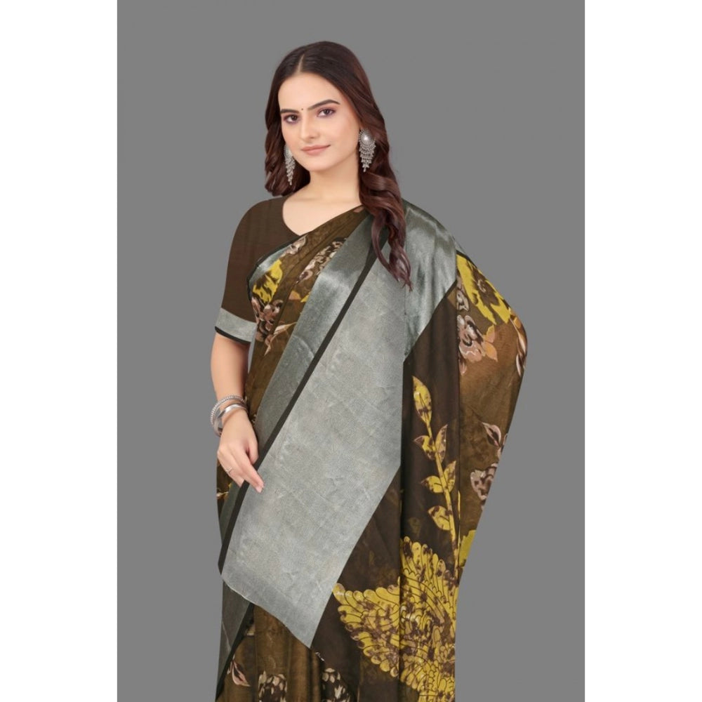 Amfyn Women's Chiffon Printed Saree With Unstitched Blouse (Brown, 5-5 Mtrs)