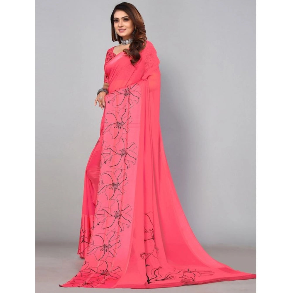 Amfyn Women's Sattin Patta Printed Saree With Unstitched Blouse (Pink, 5-5 Mtrs)