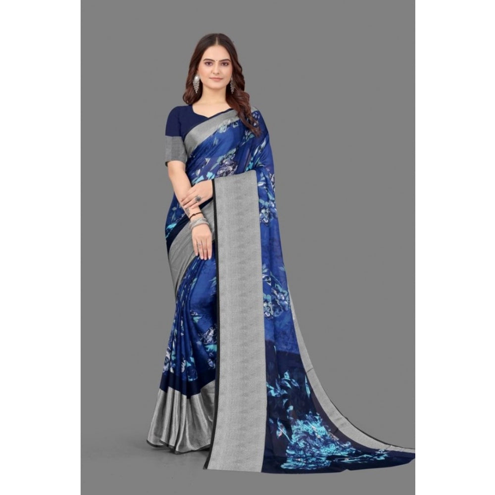 Amfyn Women's Chiffon Printed Saree With Unstitched Blouse (Blue, 5-5 Mtrs)