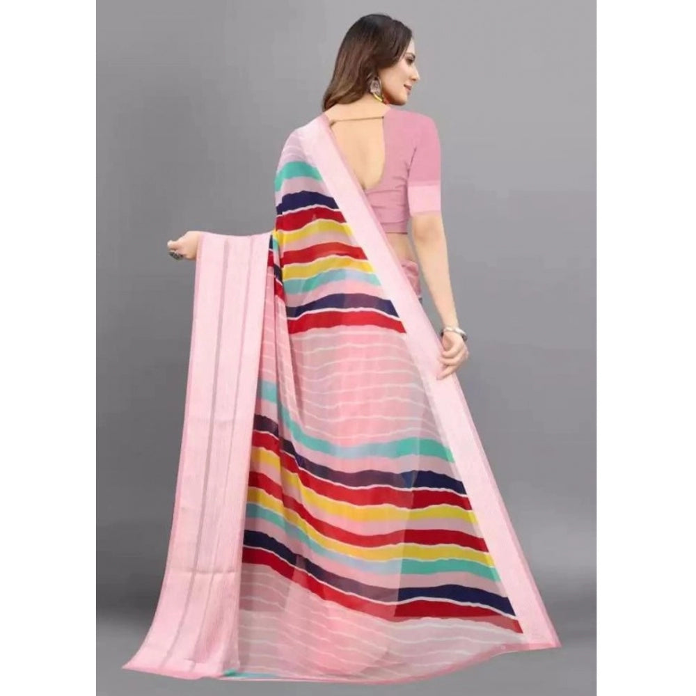 Amfyn Women's Sattin Patta Printed Saree With Unstitched Blouse (Pink, 5-5 Mtrs)