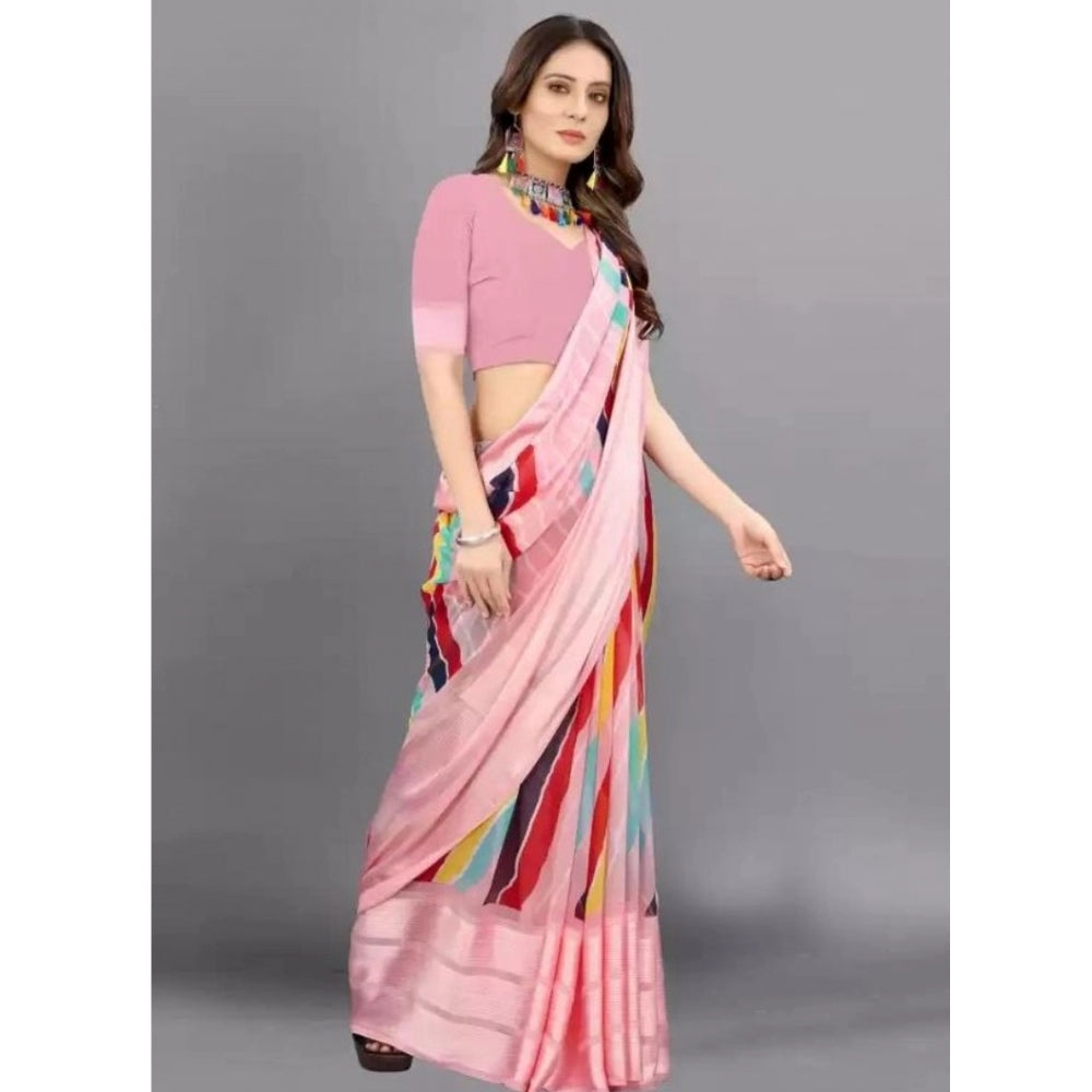 Amfyn Women's Sattin Patta Printed Saree With Unstitched Blouse (Pink, 5-5 Mtrs)