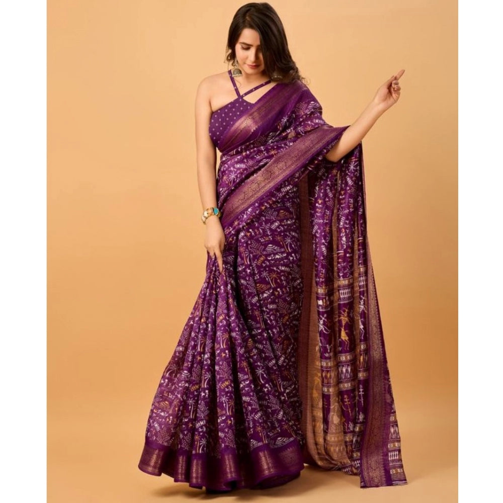 Amfyn Women's Dola Silk Printed Saree With Unstitched Blouse (Violet, 5-5 Mtrs)