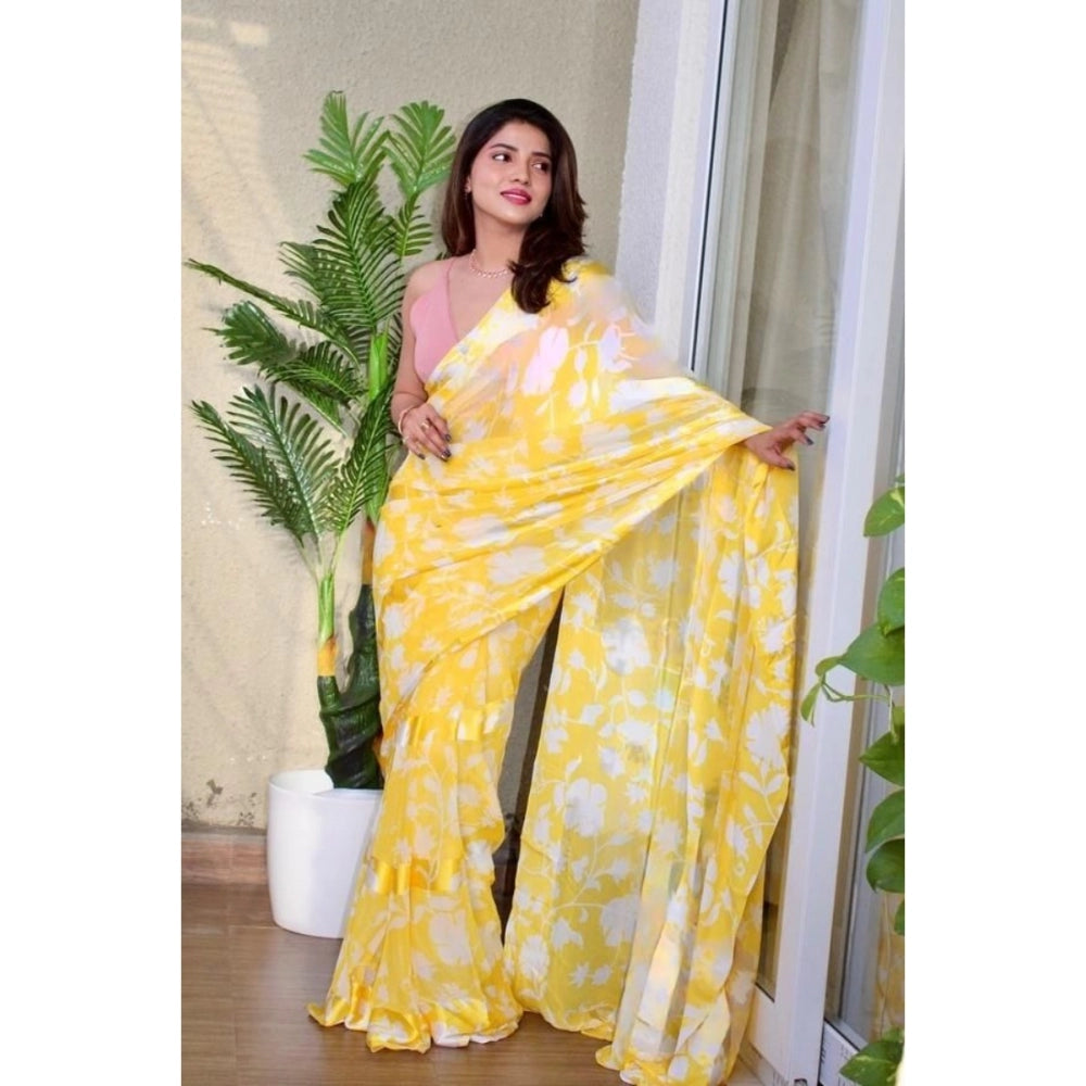 Amfyn Women's Sattin Patta Printed Saree With Unstitched Blouse (Yellow, 5-5 Mtrs)