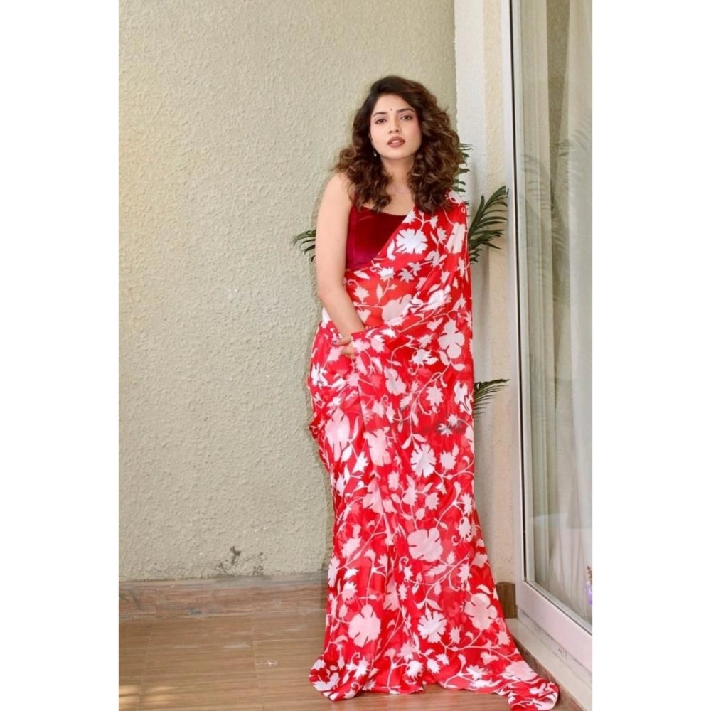 Amfyn Women's Sattin Patta Printed Saree With Unstitched Blouse (Red, 5-5 Mtrs)