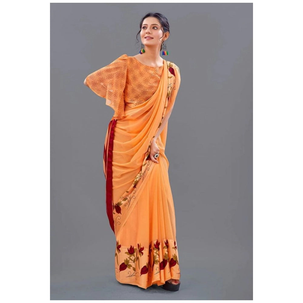 Amfyn Women's Sattin Patta Printed Saree With Unstitched Blouse (Orange, 5-5 Mtrs)