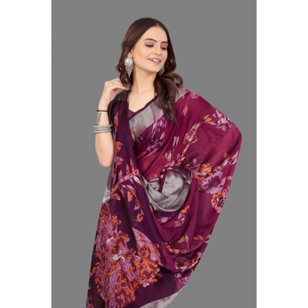 Amfyn Women's Chiffon Printed Saree With Unstitched Blouse (Purple, 5-5 Mtrs)
