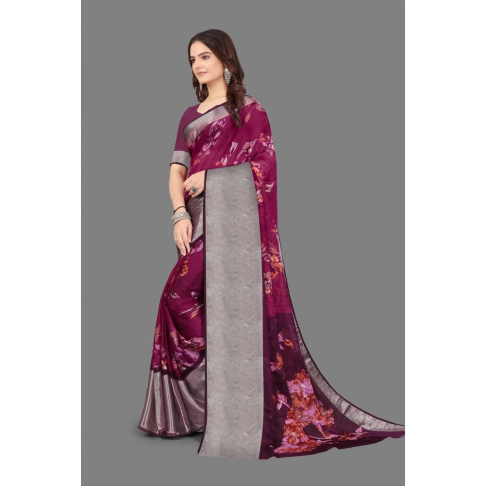 Amfyn Women's Chiffon Printed Saree With Unstitched Blouse (Purple, 5-5 Mtrs)