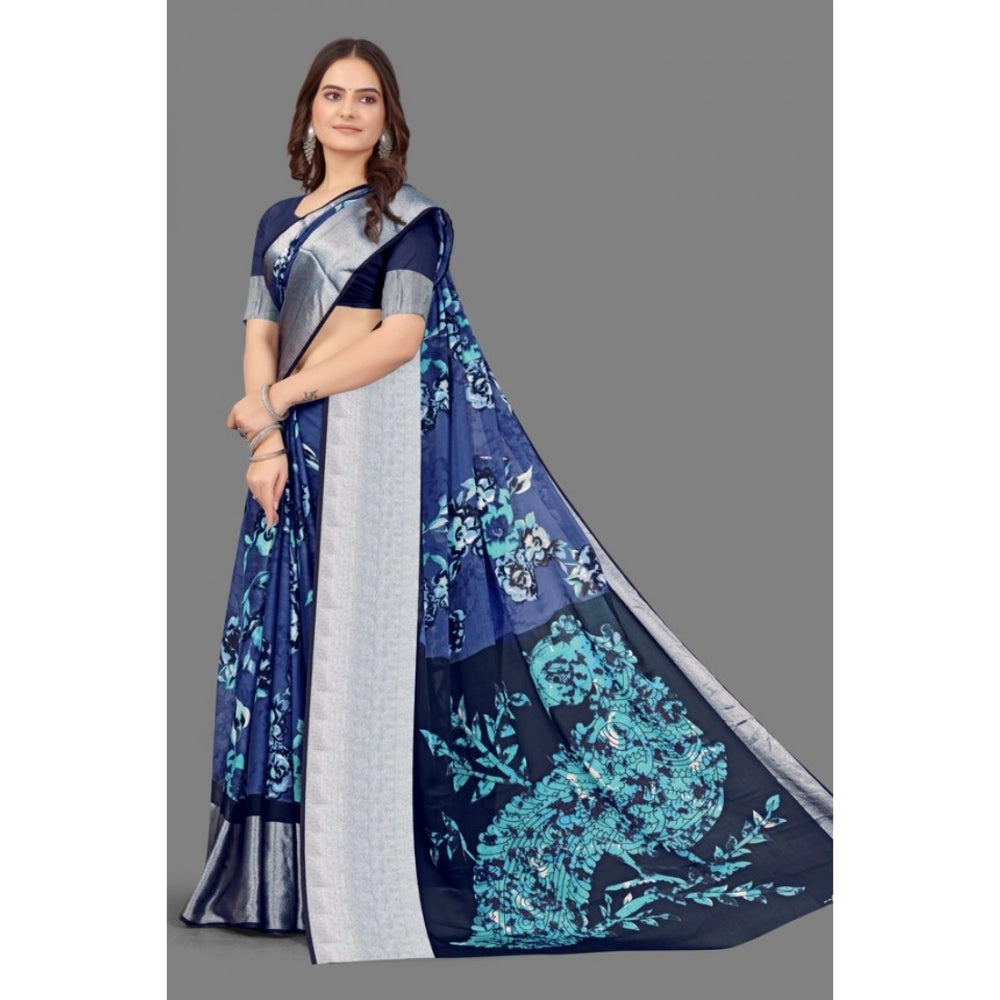 Amfyn Women's Chiffon Printed Saree With Unstitched Blouse (Navy Blue, 5-5 Mtrs)