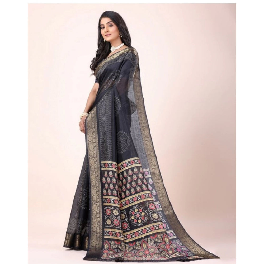 Amfyn Women's Cotton Printed Saree With Unstitched Blouse (Black, 5-5 Mtrs)