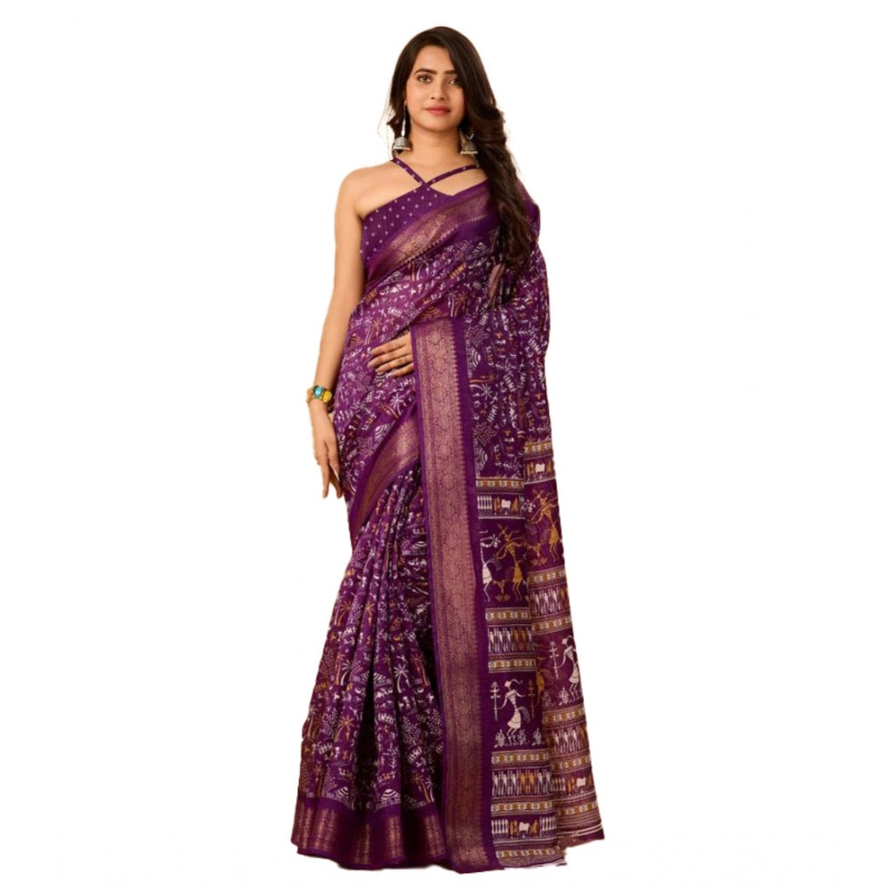 Amfyn Women's Dola Silk Printed Saree With Unstitched Blouse (Violet, 5-5 Mtrs)