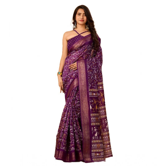 Amfyn Women's Dola Silk Printed Saree With Unstitched Blouse (Violet, 5-5 Mtrs)