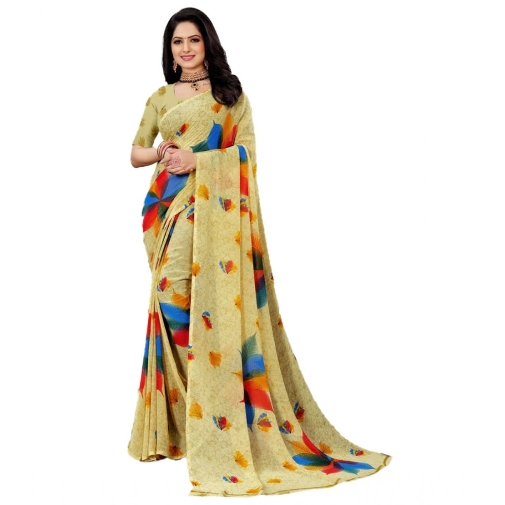 Amfyn Women's Georgette Printed Saree With Unstitched Blouse (Mustard, 5-5 Mtrs)