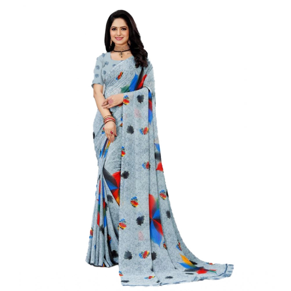 Amfyn Women's Georgette Printed Saree With Unstitched Blouse (Grey, 5-5 Mtrs)