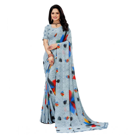 Amfyn Women's Georgette Printed Saree With Unstitched Blouse (Grey, 5-5 Mtrs)