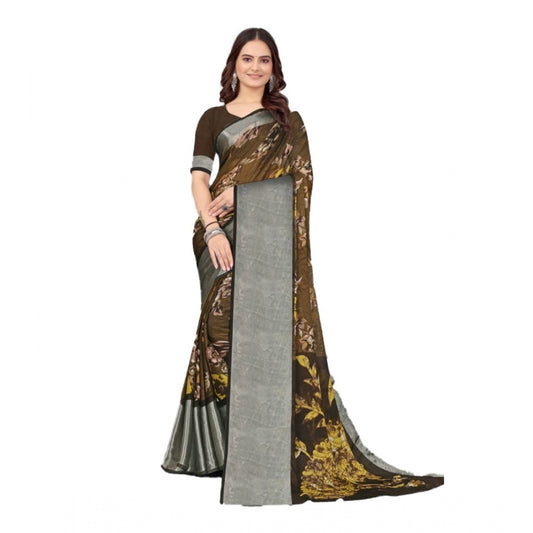 Amfyn Women's Chiffon Printed Saree With Unstitched Blouse (Brown, 5-5 Mtrs)