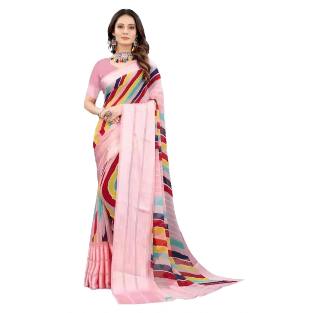 Amfyn Women's Sattin Patta Printed Saree With Unstitched Blouse (Pink, 5-5 Mtrs)