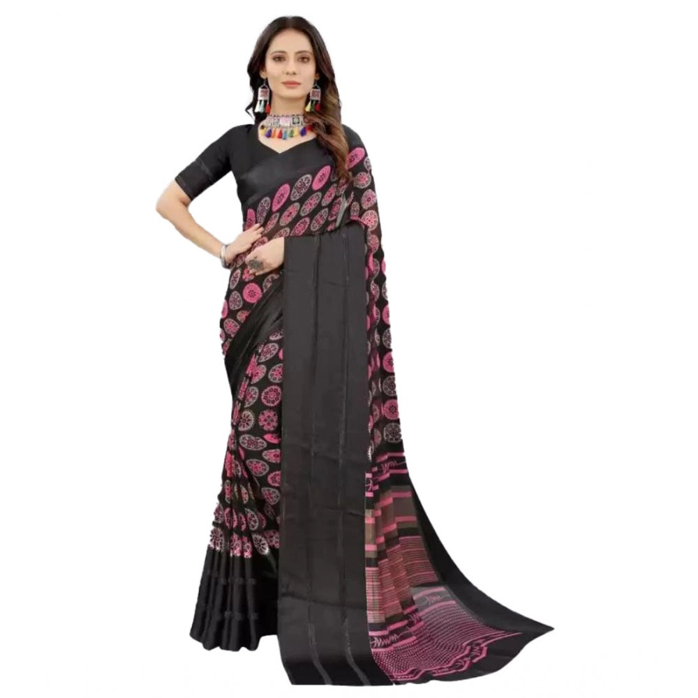 Amfyn Women's Sattin Patta Printed Saree With Unstitched Blouse (Black, 5-5 Mtrs)