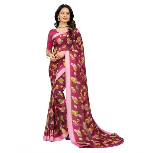Amfyn Women's Sattin Patta Printed Saree With Unstitched Blouse (Maroon, 5-5 Mtrs)