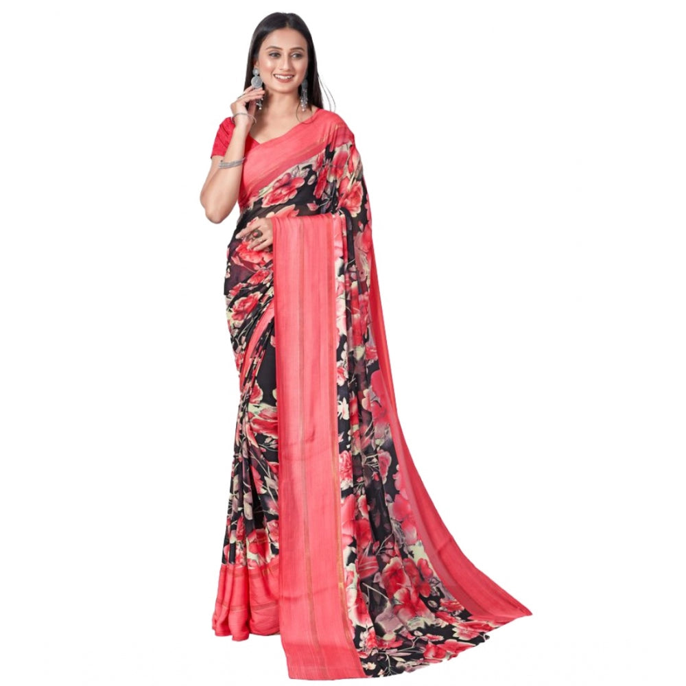 Amfyn Women's Sattin Patta Printed Saree With Unstitched Blouse (Red, 5-5 Mtrs)