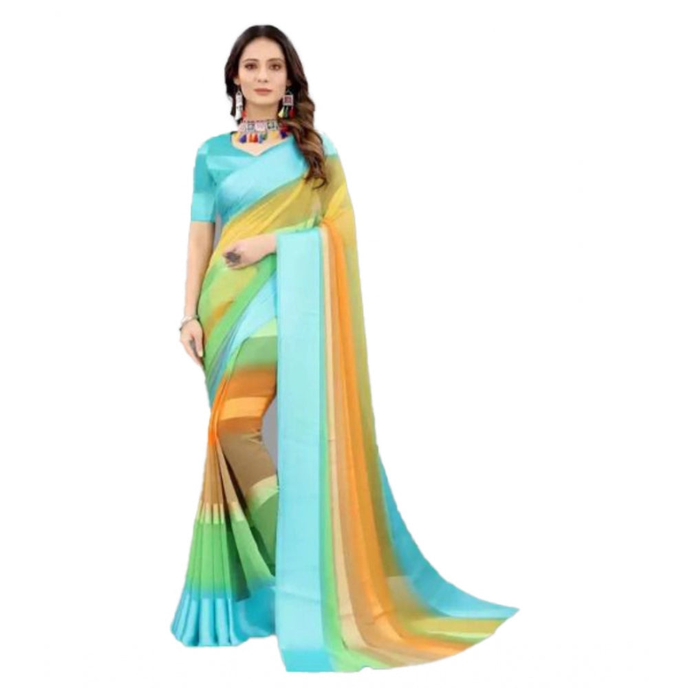 Amfyn Women's Sattin Patta Striped Saree With Unstitched Blouse (Blue, 5-5 Mtrs)