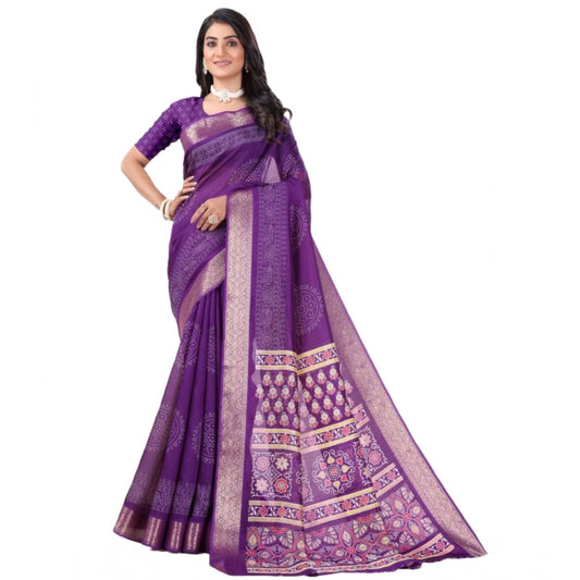 Amfyn Women's Cotton Printed Saree With Unstitched Blouse (Violet, 5-5 Mtrs)