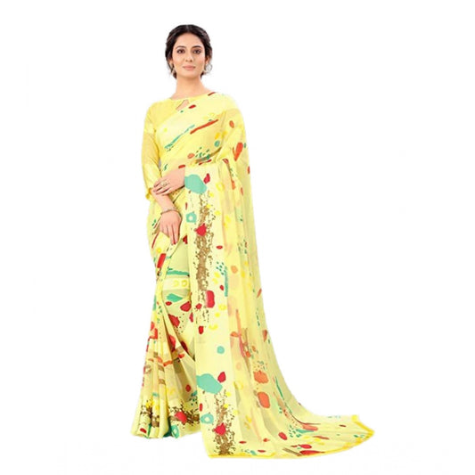 Amfyn Women's Sattin Patta Printed Saree With Unstitched Blouse (Yellow, 5-5 Mtrs)