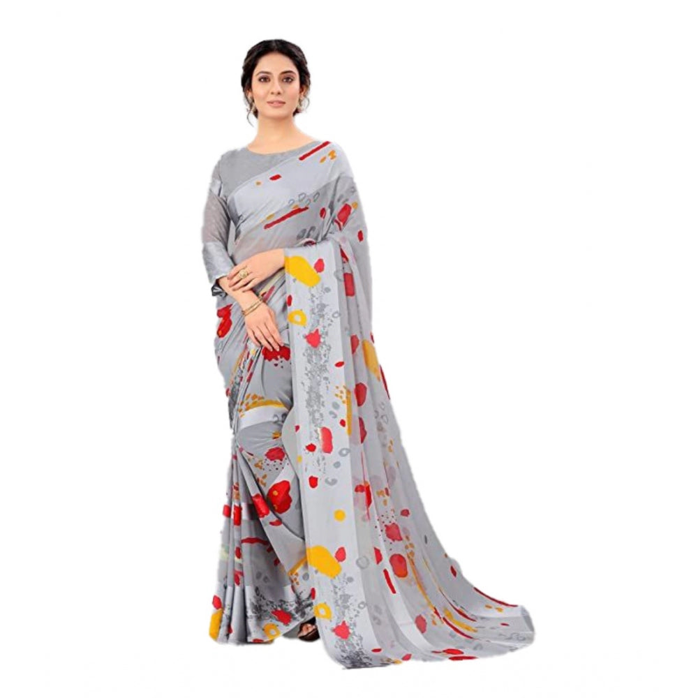 Amfyn Women's Sattin Patta Printed Saree With Unstitched Blouse (Grey, 5-5 Mtrs)