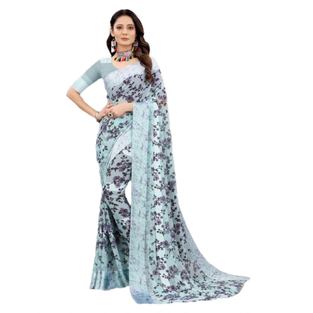 Amfyn Women's Sattin Patta Printed Saree With Unstitched Blouse (Grey, 5-5 Mtrs)