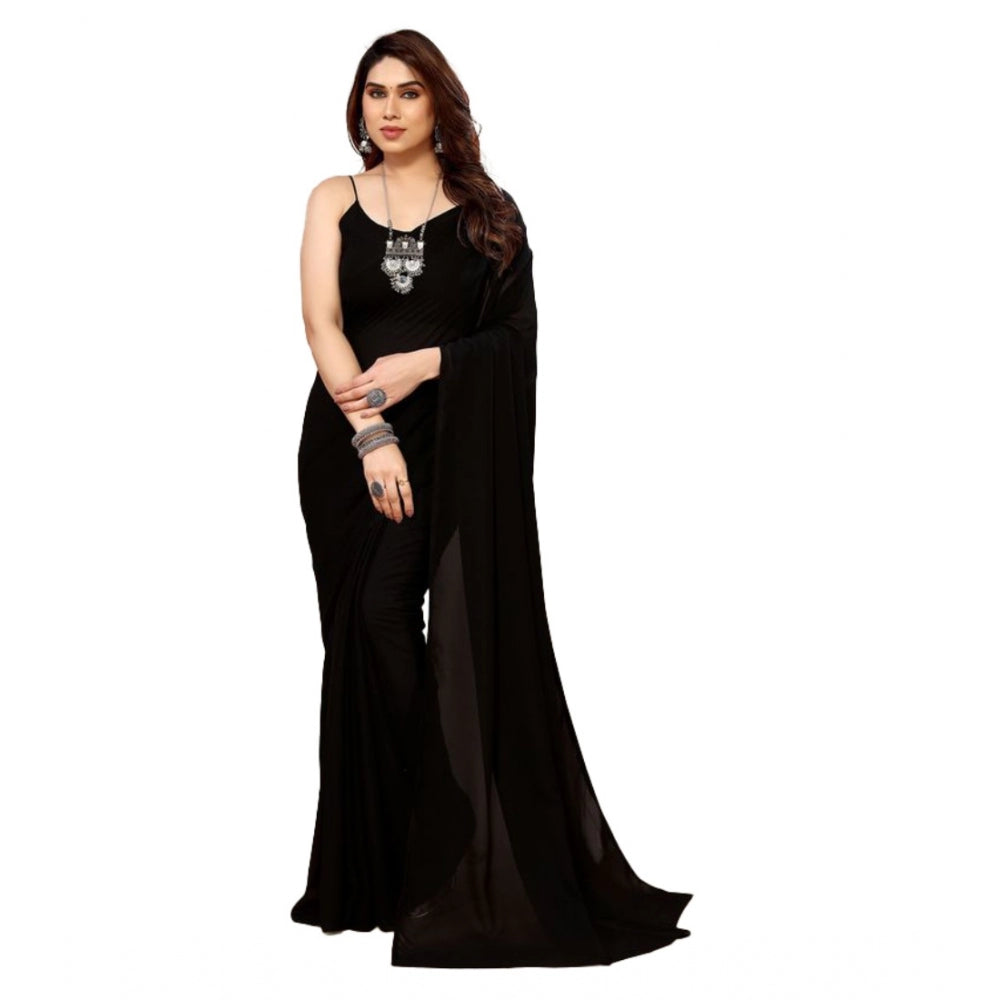 Amfyn Women's Georgette Solid Saree With Unstitched Blouse (Black, 5-5 Mtrs)