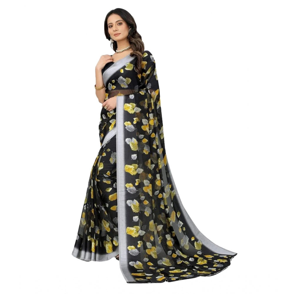 Amfyn Women's Sattin Patta Printed Saree With Unstitched Blouse (Black, 5-5 Mtrs)