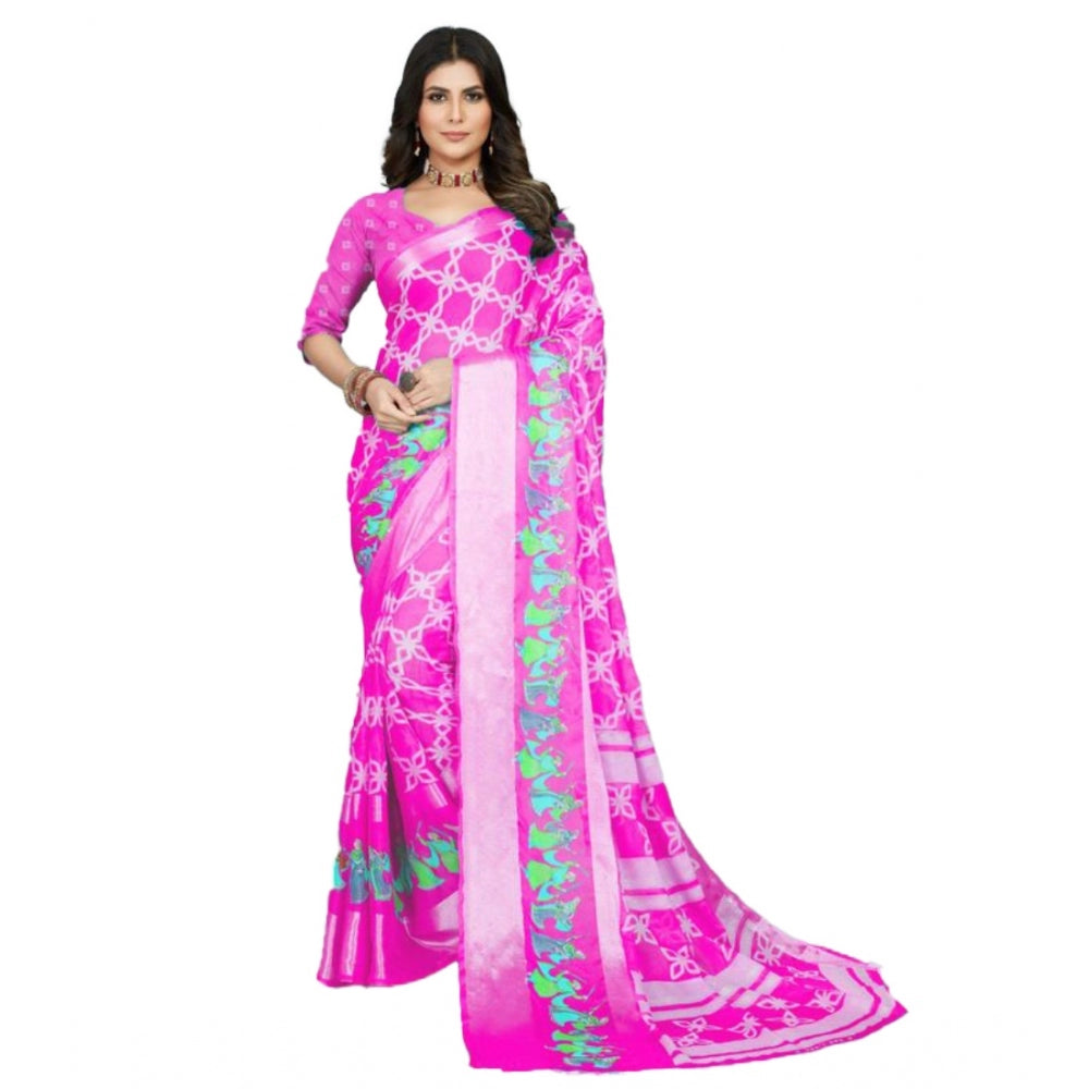 Amfyn Women's Moss Chiffon Printed Saree With Unstitched Blouse (Pink, 5-5 Mtrs)
