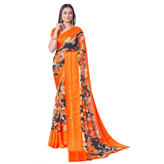 Amfyn Women's Sattin Patta Printed Saree With Unstitched Blouse (Orange, 5-5 Mtrs)