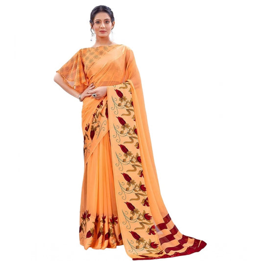 Amfyn Women's Sattin Patta Printed Saree With Unstitched Blouse (Orange, 5-5 Mtrs)
