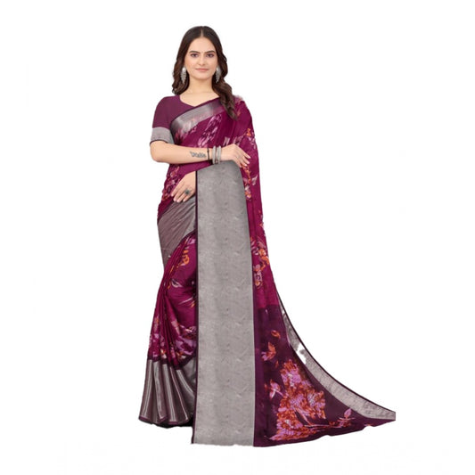 Amfyn Women's Chiffon Printed Saree With Unstitched Blouse (Purple, 5-5 Mtrs)