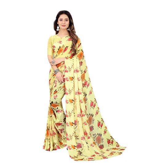 Amfyn Women's Sattin Patta Printed Saree With Unstitched Blouse (Yellow, 5-5 Mtrs)