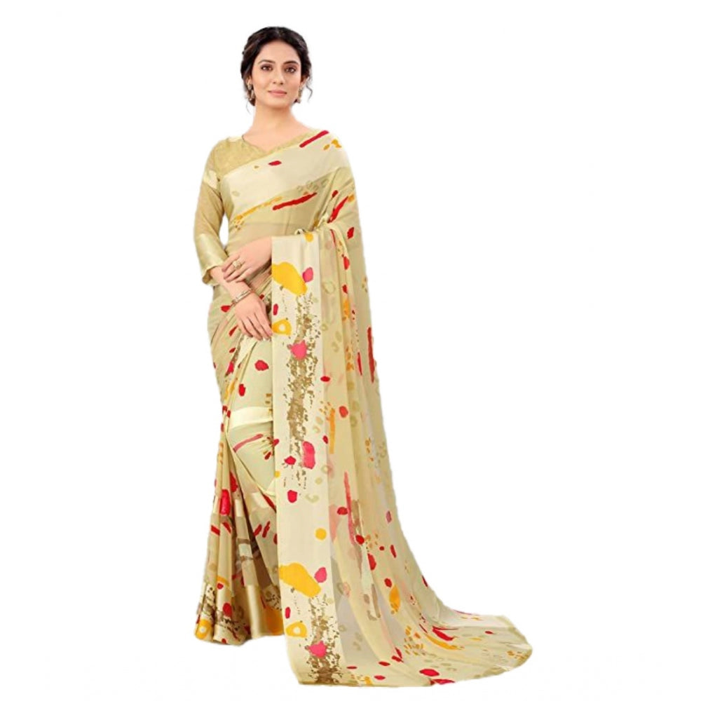 Amfyn Women's Sattin Patta Printed Saree With Unstitched Blouse (Cream, 5-5 Mtrs)