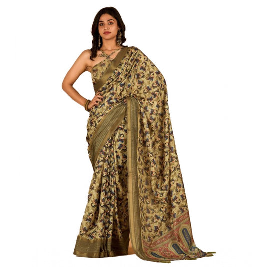 Amfyn Women's Digital Printed Saree With Unstitched Blouse (Mehendi, 5-5 Mtrs)