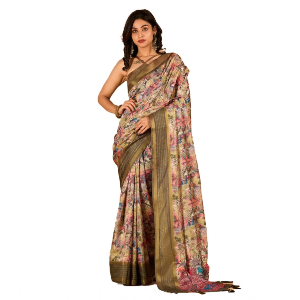 Amfyn Women's Digital Printed Saree With Unstitched Blouse (Mehendi, 5-5 Mtrs)