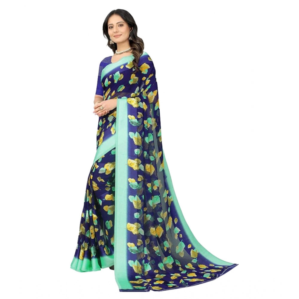 Amfyn Women's Sattin Patta Printed Saree With Unstitched Blouse (Blue, 5-5 Mtrs)